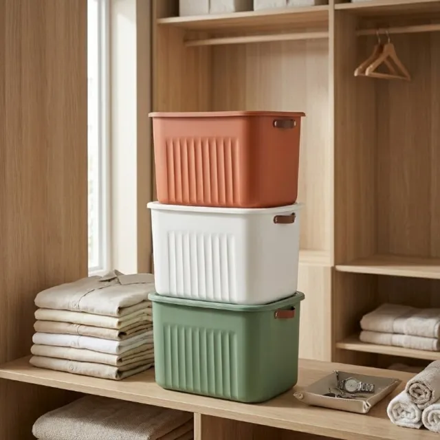 Indecor Opbergbox 15 Liter Set van 3 met Deksel – BPA-vrije Stapelbare Opbergdozen met Handgrepen – Opbergmanden voor Kleding, Speelgoed en Accessoires – Terracotta, Wit en Groen