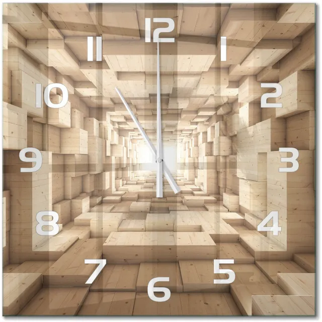 TULUP Wandklok - Houten tunnel Decoratieve Glazen Klok - 60x60 cm - Beige Glazen Wandklok Design - Witte handen - Vierkante Klok - Glazen Klok Met Print - Wandklok Glas Met Motief