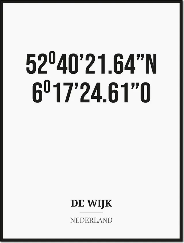 Studio216 Poster/kaart DE WIJK met coördinaten zwart, wit