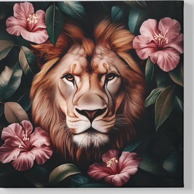 Trendex Global Vierkant Canvas Schilderij - Leeuw en Bloemen - 40x40x2 cm Kleurrijk