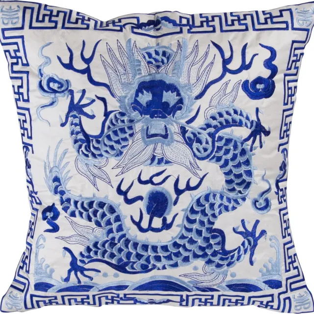 Fine Asianliving Chinese Kussen Volledig Geborduurd Wit Draak 45x45cm Zonder Vulling Blauw, Wit
