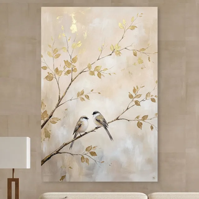 HIP ORGNL Golden Leaf Songbirds - Wanddecoratie Vogels - 80x120 cm Beige