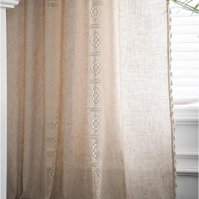 Hoomall Boho halfverduisterende gordijnen, beige linnen gordijnen met kwastjes en haken, breien, verticale strepen, macramé voor woonkamer, landhuisstijl, vintage landhuisstijl, 1 stuk, 150 x 240 cm (b x h)