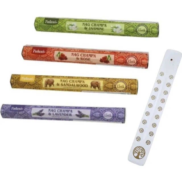 Tulasi Wierook Pakket met wierookhouder Gratis erbij -100 wierook stokjes- 4 heerlijke geuren - wierook stokjes - NAG CHAMPA &JASMINE- NAG CHAMPA & ROSE- NAG CHAMPA &SANDALWOOD- NAG CHAMPA & LAVENDER- PAKJE BLOEMENGEURWAX Home bruin