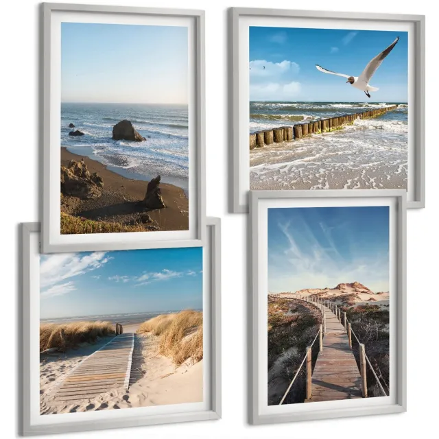 TULUP 4-Delige Schilderij Set - Uitzicht op het strand met golven, de lucht en een wandelpier. - 40 x 40 cm en 40 x 60 cm - Muurdecoratie - Interieur Decoratie - Moderne Wanddecoratie Zilveren lijst