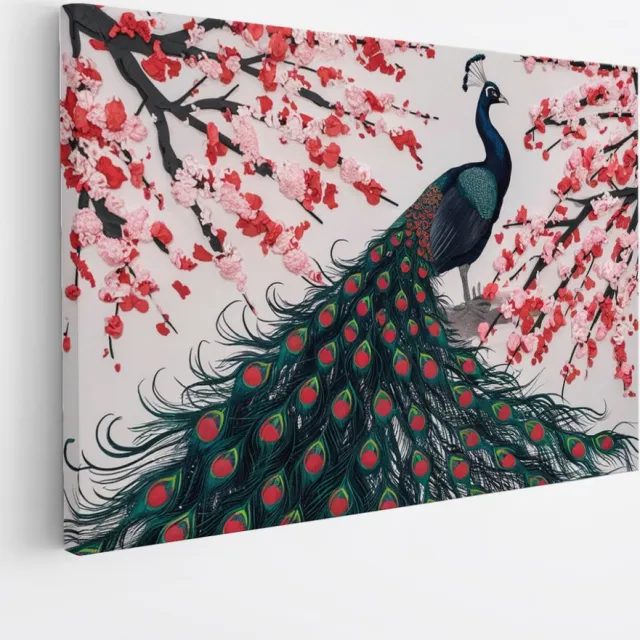 Saammp Canvas Schilderij - Pauw tussen de Rode bloemen - Dieren - Natuur - 50x40 - Foto op canvas - Wanddecoratie - muurdecoratie Woonkamer - Slaapkamer decoratie - Canvas Print Multicolor