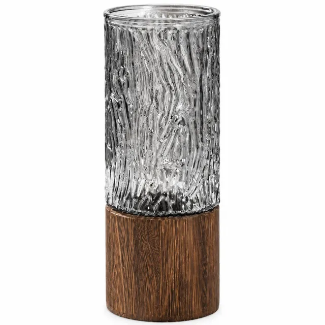SWGOTA Rookgrijze glazen vaas met ijsstructuur en houten voet - 10 x 25 cm - Ronde opening voor bloemen rookgrijs