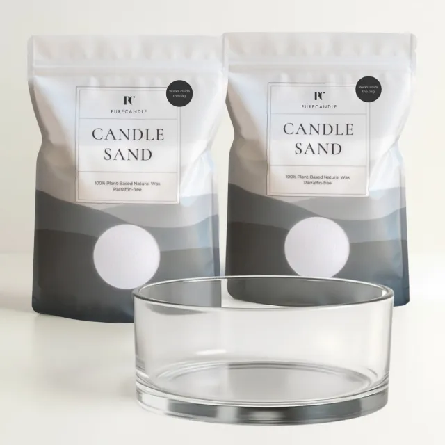 PureWorld PureCandle Kaarsenzand Cadeauset – Wit Kaarsenzand 900g + 60 Lonten – Glazen Schaal Clara Ø20 cm - Poederkaars Navulset & Kaarsendecoratie - Kaarszand starterpakket - Kaars parels