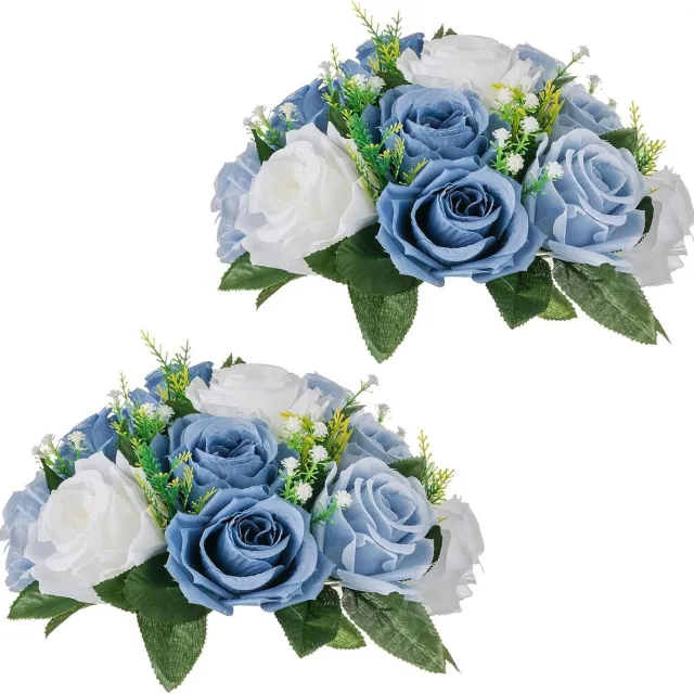 Allecto Plus Kunstmatige Bloem Ballen voor Bruiloft Centerpieces - Set van 2 - 24cm Diameter - Stoffige Blauwe & Witte Nep Roos Bloemen - Bruiloft Decoraties & Tafelarrangementen