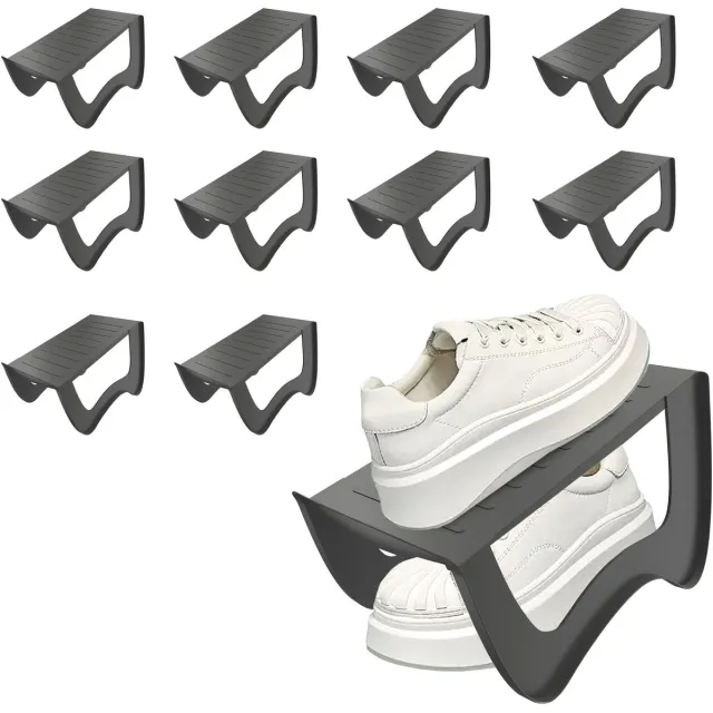 Aufun 10 Pack Schoenenorganizer, Antislip Schoenenhouder, Schoenenstapelaar Met Dubbele Laag, Schoenenrek, Schoenenkast, Schoenenorganizer Voor Woonkamer, Entree, Gang (Grijs)