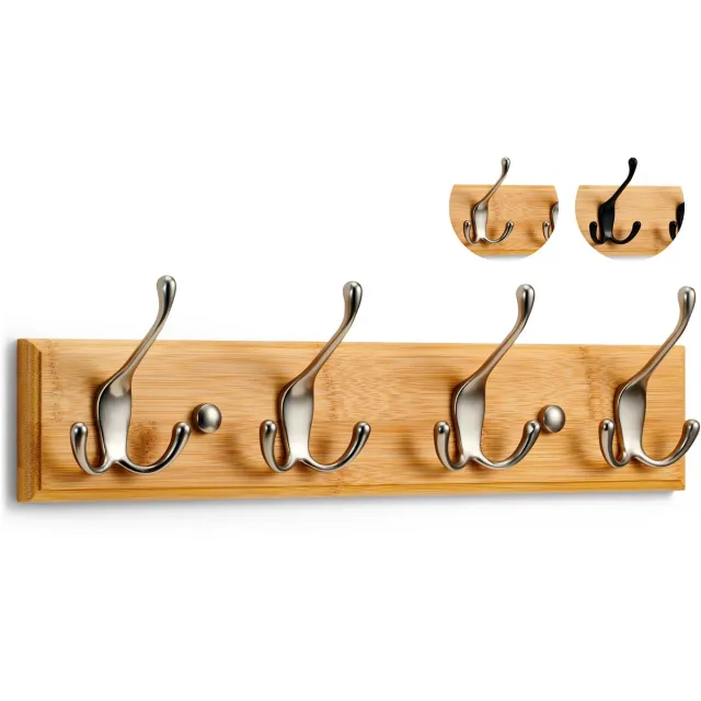 Famanu Wandkapstok van hout met 4 mat-nikkel haken, 42 cm, ideaal voor het ophangen van jassen en accessoires in de hal of gang Naturel