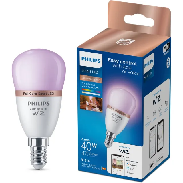 Philips Smart Lighting - LED-lamp - E14 fitting - RGB - Gekleurd en instelbaar wit licht - Dimbaar - 40W - Kogellamp: P45 - Wifi
