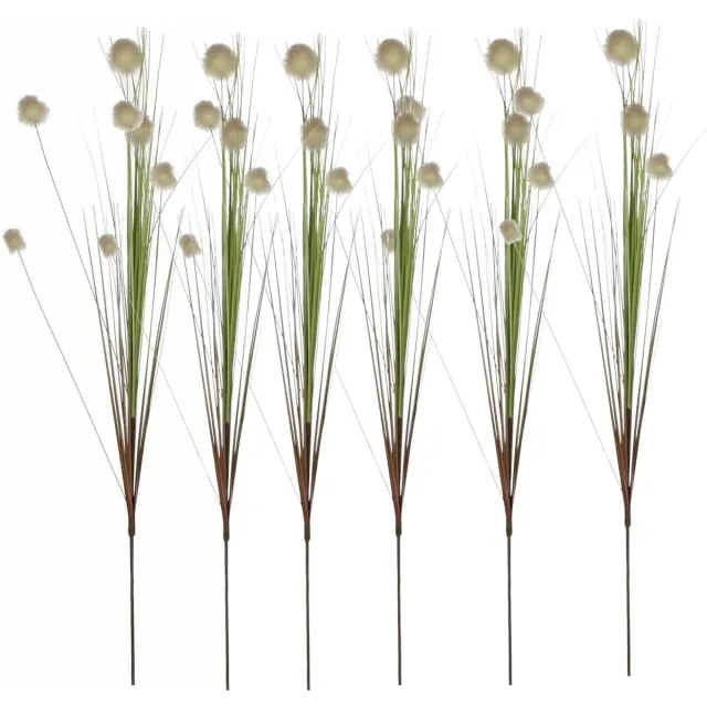 Mica Decorations 6x - Rietgras kunstplant losse steel - tak - groen/pluis bollen - wit - 84 cm Khaki groen