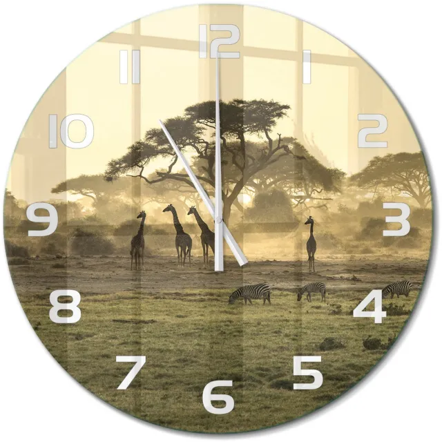 TULUP Wandklok - Giraffen in de savanne Glazen Wandklok Design - fi60 cm - Beige Klok Glas Met Opdruk - Witte handen - Ronde Klok - Wandklok Glas Met Motief - Decoratieve Glazen Klok