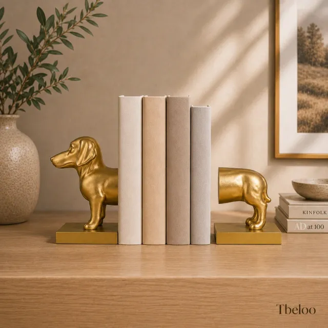 Tbeloo decoratieve boekensteun in de vorm van een gouden hond. Geschikt voor het ondersteunen van boeken en als stijlvolle woondecoratie voor woonkamer, slaapkamer, kantoor of boekenkast, set van 2