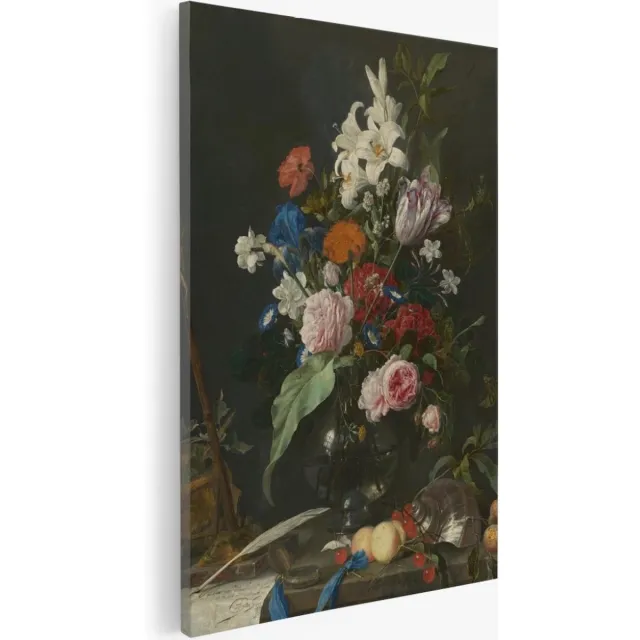 Saammp Canvas Schilderij - Jan Davidsz - Stilleven met bloemen, schedel en crucifix - Abstract - Kunst - 75x100 - Foto op canvas - Wanddecoratie - Muurdecoratie Woonkamer - Slaapkamer decoratie - Canvas Print Multicolor