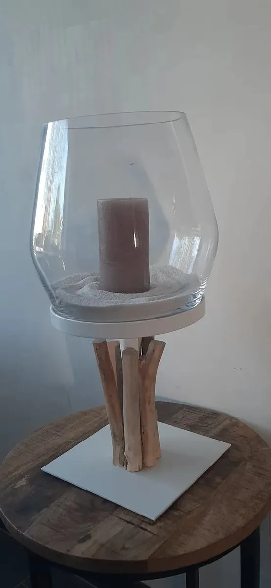 wmg vaas/kaarshouder Linde luxe met drijfhout. kerstgeschenk.wit.kaars.theelicht.