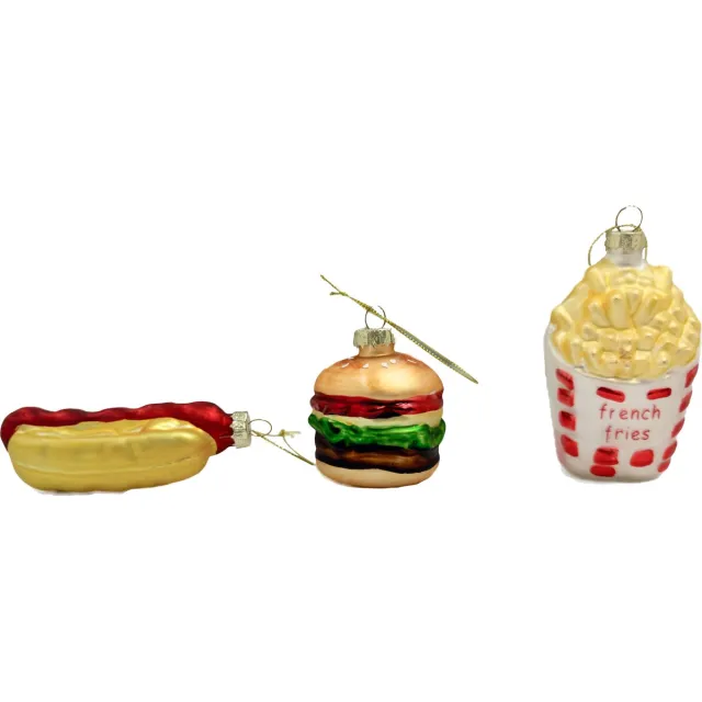 3 BMT Unieke Fastfood Kersthangers - Hamburger, Friet & Hotdog - Set van 3 Glazen Kerstballen met Haakjes - 3BMT®