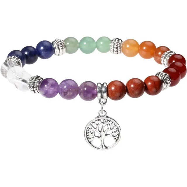 By Shayne ByShane - Armband met 7 chakra kralen en levensboom hanger voor dames en heren - Natuurstenen Agaat - Verstelbaar tot 7.5 inch lengte Any