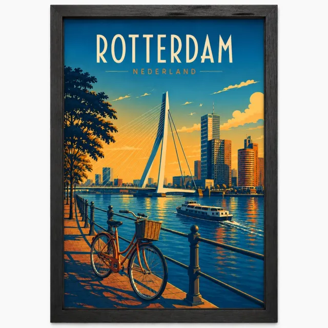 Joshimo Rotterdam Skyline Poster | Retro Stadsillustratie | Erasmusbrug | Vintage | Inclusief Zwarte A4 Lijst