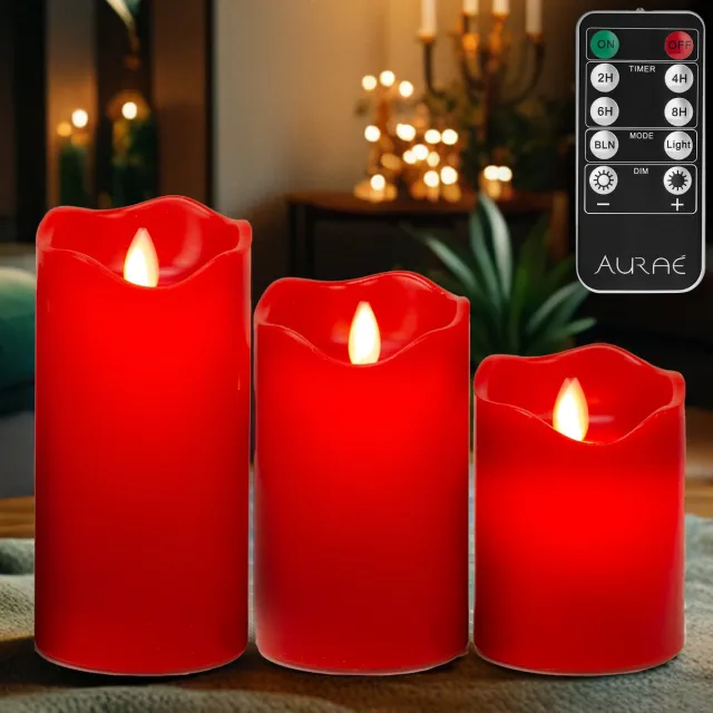 Aurae Led Kaarsen met Bewegende Vlam - 3x - Echte Wax - Afstandsbediening - 180+ branduren - op Batterijen - Flikkerende Vlam - Timer - Kerst Kaarsen - kerst verlichting Rood • Bewegende Vlam