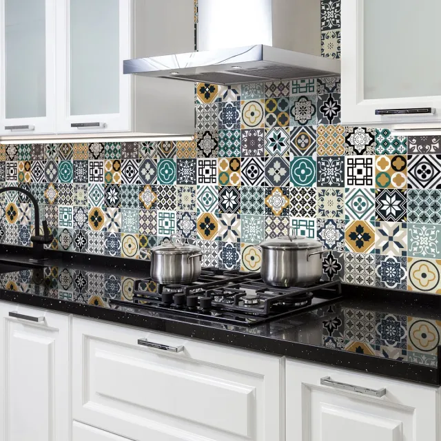 Ambiance Sticker Zelfklevende tegelmuurstickers voor keuken en badkamer - 30 RAVIO cementtegelstickers - 30 stickers 15x15cm Multi color