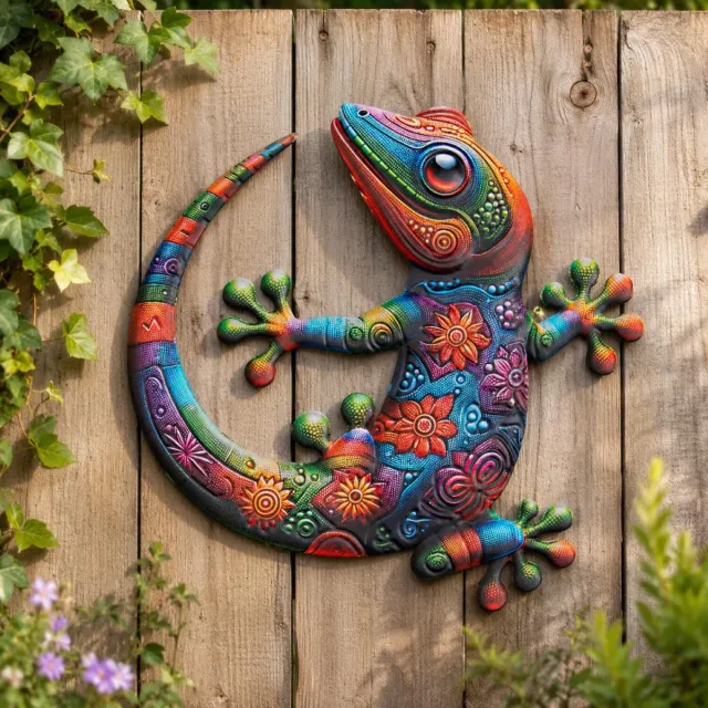 Anna's Collection Wanddecoratie Gecko hagedis - kleurenmix - 30 x 30 cm - metaal - muur/schutting/tuin - buiten - tuinbeelden van dieren Multi