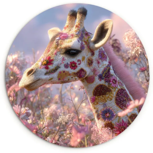 WallCircle Wandcirkel 60x60 cm - Muurcirkel Giraffe - Bloemen - Roze - Muurdecoratie woonkamer - Wanddecoratie slaapkamer - Kamer decoratie accessoires - Ronde schilderijen