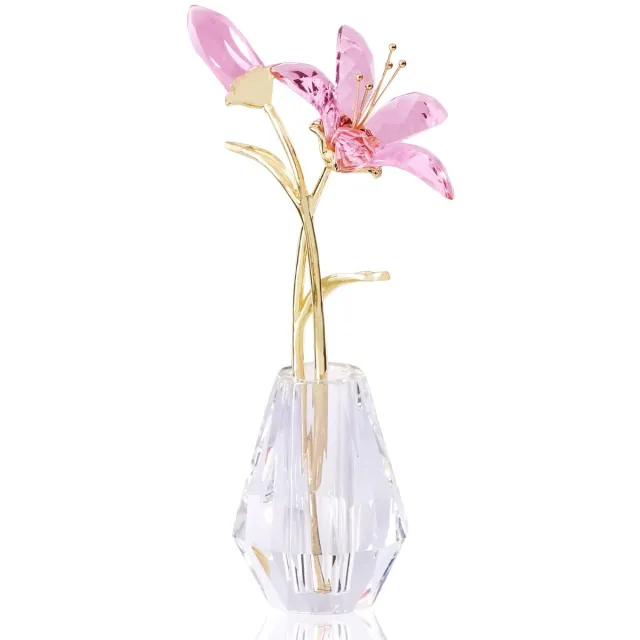 carmdering Kristal Lelie Bloem - Kunstmatige Lelie - Decoratief Boeket - Handgemaakt K9 Kristal - Duurzame Metalen Steel - Premium K9 Kristal En Metaal - Tijdloze Elegante Schoonheid - Perfect Voor Elke Gelegenheid - 1 Stuk - Roze