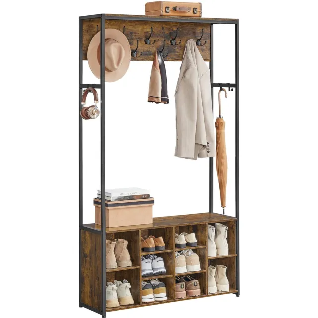 Home & Beyond® Kapstok met Schoenenbank, Kledingroede en 9 Haken - Garderoberek met Schoenenrek - Rustiek Bruin en Zwart - 100 x 32 x 180 cm