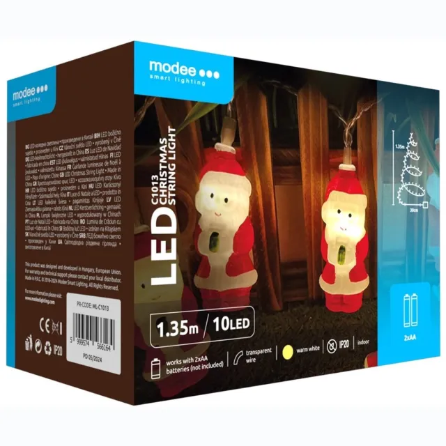 Modee Lichtsnoer Kerstmannen 1.35 Meter - Kerstverlichting voor Binnen - Inclusief 3xAA Batterijen - 10 LED Lampjes IP20 - 2700K - Warm Wit Licht - Per stuk
