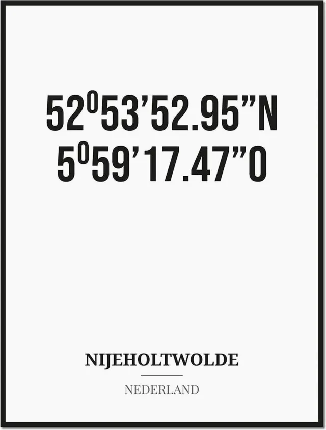 Studio216 Poster/kaart NIJEHOLTWOLDE met coördinaten zwart, wit