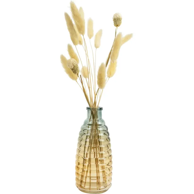 QUVIO Glazen vaas met patroon - Vaas voor droogbloemen - Landelijk of klassiek vaasje - Vazen - Decoratieve accessoires - Woonaccessoires voor bloemen en boeketten - Glazen vaas - 6 x 14,5 cm (bxh) - Transparant, geel met blauw