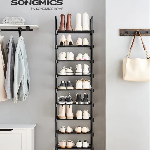 Songmics schoenenrek met 10 planken, groot metalen schoenenrek, doe-het-zelf, standplank, ruimtebesparend, multifunctioneel, woonkamer, slaapkamer, keuken, 45 x 30 x 174 cm, zwart LSA25BK