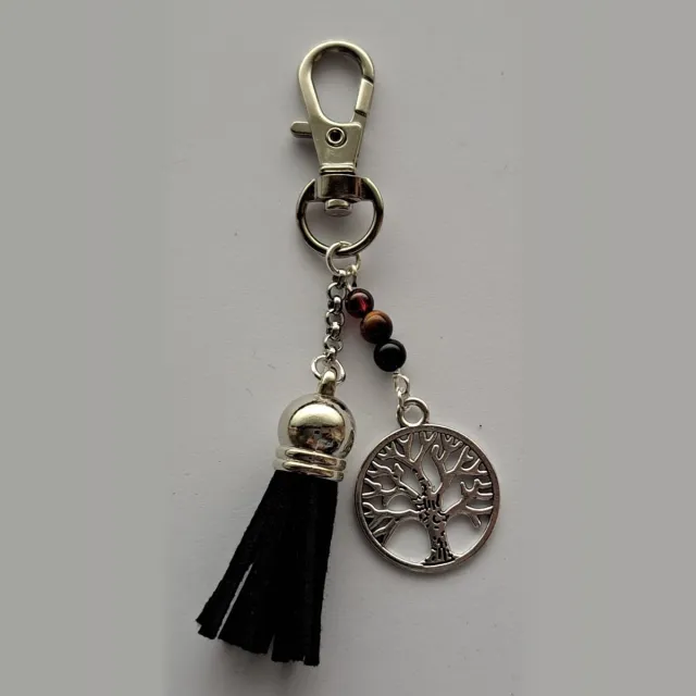 mineraalsteen Sleutelhanger Levensboom " Kracht & Zelfvertrouwen" zilverkleurig rood, bruin, zwart
