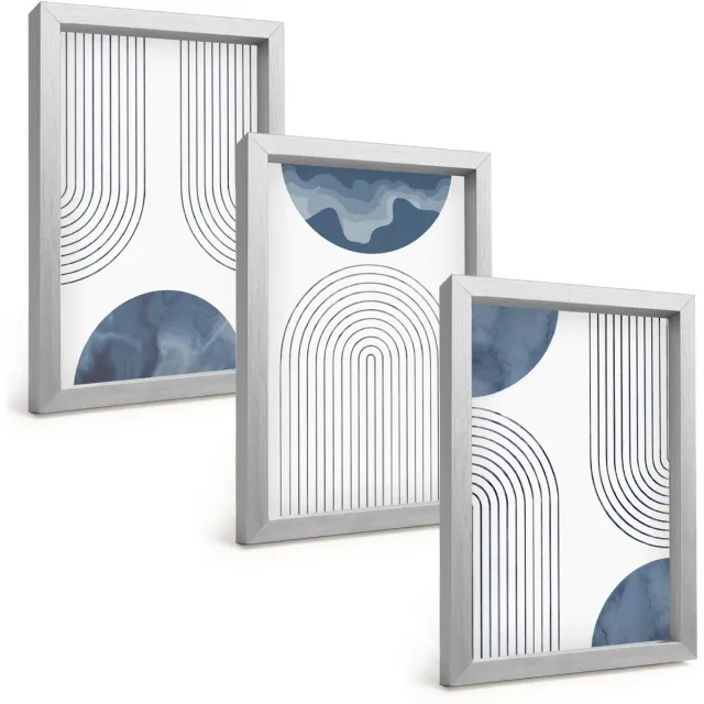 TULUP 4-Delige Schilderij Set - Abstracte patronen in blauw-witte tinten - 20 x 30 cm - Muurdecoratie - Decoratieve Schilderijen - Wohnzimmer - Woonkamer Decoratie Zilveren lijst