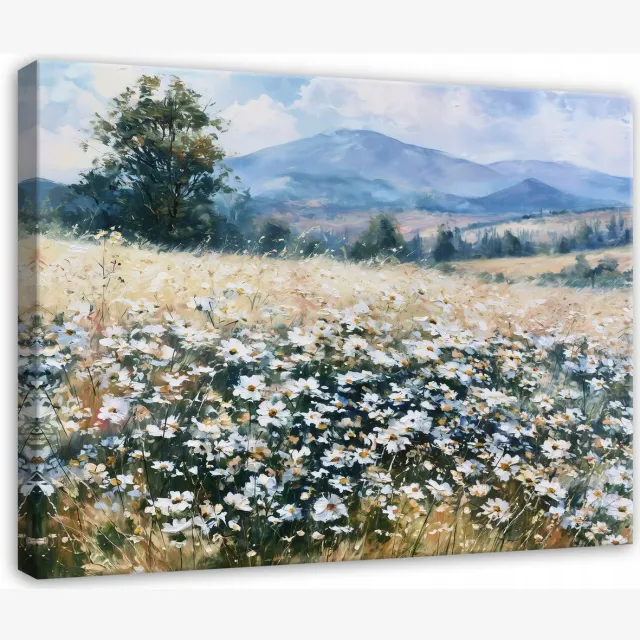 WALLARENA Schilderij op canvas - 90x60 cm - weide met wilde bloemen en bergen - wanddecoratie voor woonkamer en slaapkamer beige