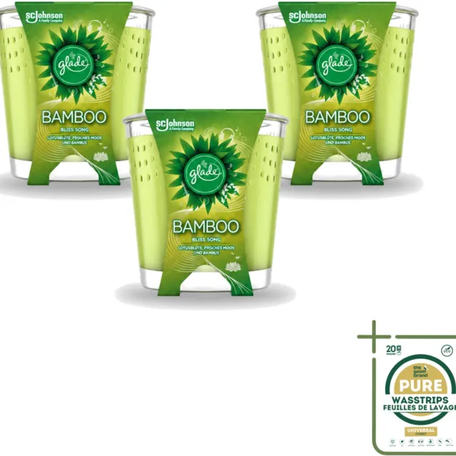 Glade 3 x Glade - Geurkaars - Bamboo Bliss Song - Frisse Geur & Relaxatie - 129 g - Wasstrips - Bamboo Geur - Rust - Ontspanning - Geurkaars - Natuurlijke Geur Groen
