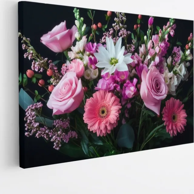 Saammp Canvas Schilderij - roze bloemen boeket - Natuur - Abstract - 50x40 - Foto op canvas - Wanddecoratie - Muurdecoratie Woonkamer - Woonkamer Decoratie Multicolor