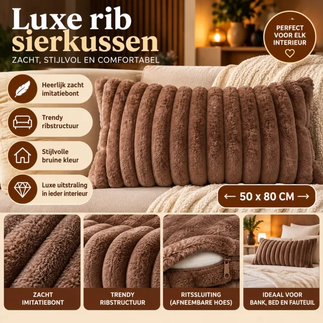 BeGoods Sierkussen Bruin 50x80 cm – Luxe Rib Kussen – Zacht Imitatiebont – Fluffy Decoratiekussen – Groot Bankkussen – Rechthoekig Kussen voor Bank, Bed en Woonkamer