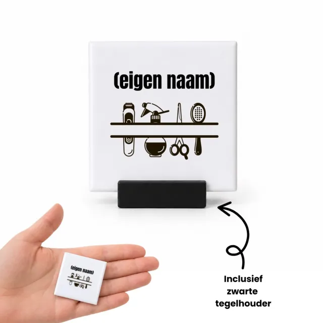 Hacebo kappersmateriaal met eigen naam tegeltje met tegelhouder - Kapper - barbers - tegeltjes met tekst - collega's - verjaardag - afscheidscadeau - geschenk - kado - spreuktegels - 4.8x4.8 CM Wit