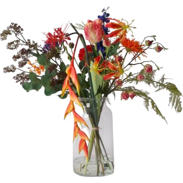 Winq Boeket Kunstbloemen in rood/blauw/oranje combinatie - ex. vaas - Boeket zijden bloemen - Vrolijke Voorjaarskleuren - Nepbloemen - Zijden bloemen