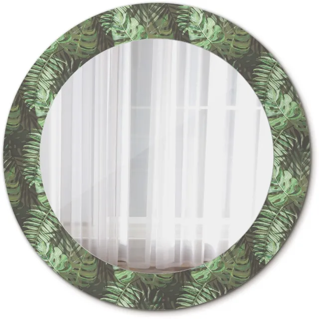 TULUP Spiegel - Ronde Spiegel - Spiegel op gehard Glas - Tropische bladeren - Diameter: 60 cm - Spiegel met decoratieve opdruk - Slaapkamerspiegel - Badkamerspiegel - Gang - Kleedkamer - Groene - Luxe Spiegel - Make-up Spiegel - Wandmontage Groen Tropische bladeren