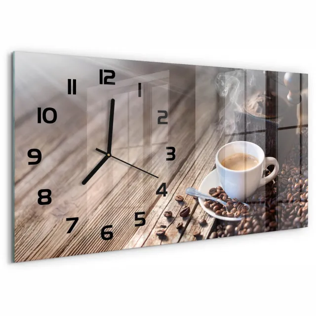 TULUP Wandklok - Kopje koffie Wandklok Glas Met Motief - 60x30 cm - Bruin Decoratieve Glazen Klok - Zwarte handen - Rechthoekige Klok - Gekleurde Glazen Klok - Glazen Klok Met Print