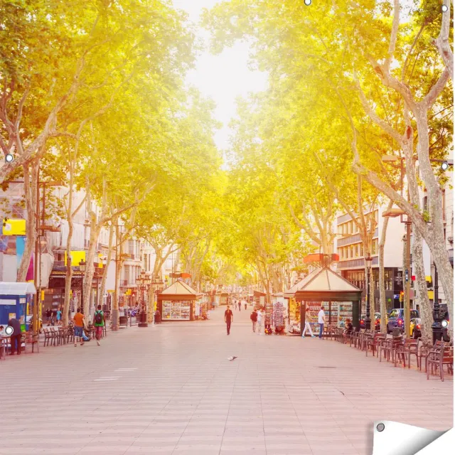 Gards Tuinposter De Ramblas Straat in Barcelona - 110x110 cm - Tuindoek - Tuindecoratie - Wanddecoratie buiten - Tuinschilderij Multikleur