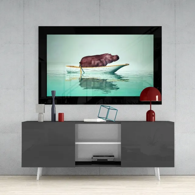 Insigne Art Glasschilderij – Nijlpaard in Roeiboot op Turquoise Zee – Stijlvolle Wanddecoratie Meerkleurig