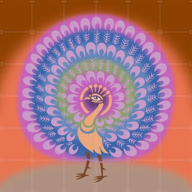 IXXI Peacock, Alejandro B. Canoy - 120 x 120 cm - Grote wanddecoratie en posters - Ornamenteel Ontwerp, Illustraties, Fantasierijk, Kleurrijk Paars / Roze / Blauw