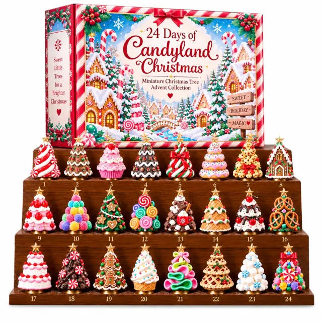 SWGOTA Adventskalender 2026 met 24 miniatuurkerstboomhangers, snoep- en gebakmotieven, doos 26 x 18 x 3 cm Rood