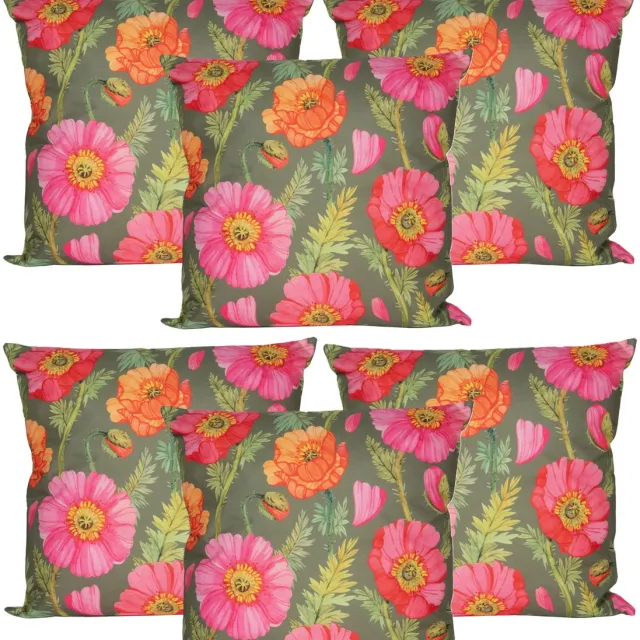 Anna's Collection Sierkussen voor binnen en buiten - 6x - klaprozen bloemen - groen/roze - 60 x 60 cm - tuinkussens