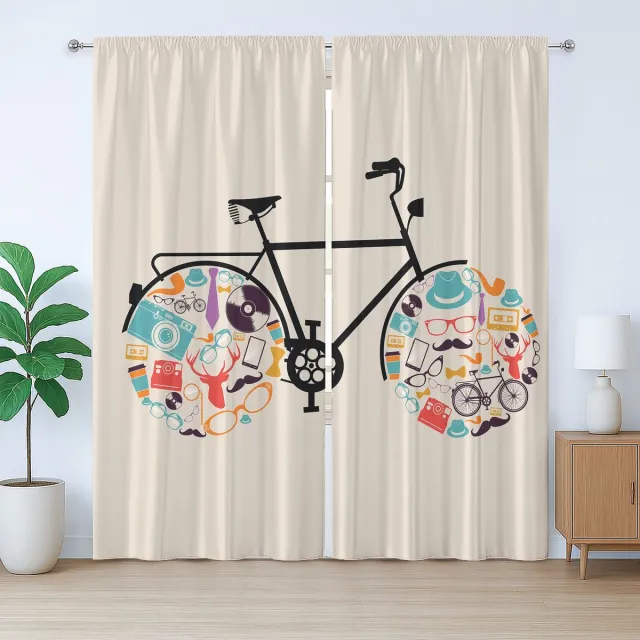 ABAKUHAUS Hipster Rustiek Gordijn, Retro Fietsdesign, Slaapkamergordijn met Geplooide Band, Lussen en Haken, 280 x 225 cm, Multicolor